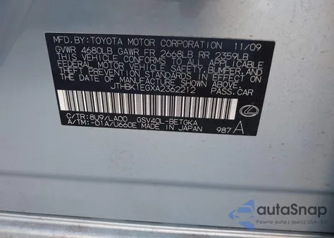 2010 Lexus Es 350 from USA, damaged, VIN JTHBK1EGXA2362212